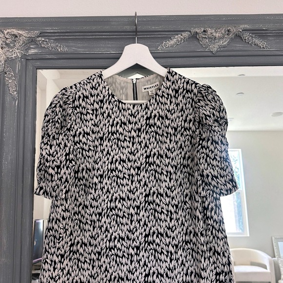 Whistles Black White Petal Print Puff Sleeves Flounce Hem Shift Mini Dress 6 - Picture 6 of 11